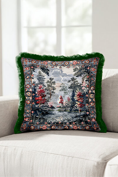 Evimde Bambaşka Landscape Motif Fringed Pillowcase - Castle Garden Nostalgic ...