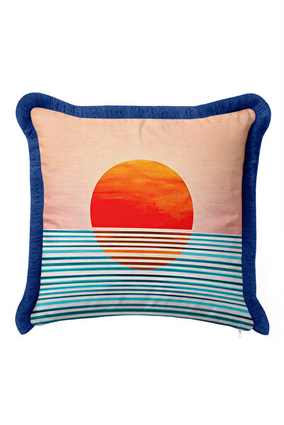 Evimde Bambaşka Sunset Sea View Fringed Pillowcase - Coastal Orange Navy Blue...