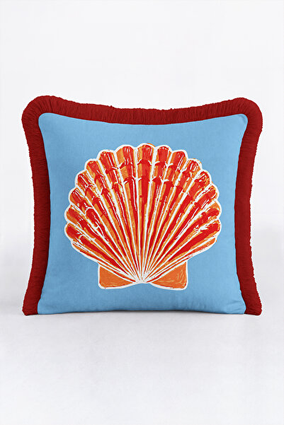Evimde Bambaşka Seashell Coral Marine Fringed Pillowcase - Coastal Blue Orang...
