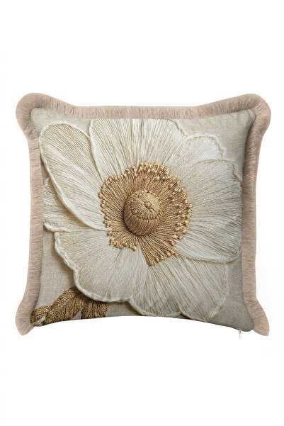 Evimde Bambaşka Floral Embroidered Cream Beige Fringed Pillowcase - Elegant F...