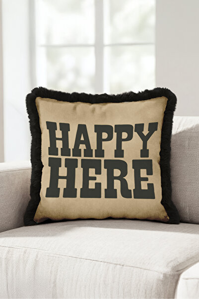 Evimde Bambaşka Modern Typographic Happy Here Fringed Pillowcase - Bohemian T...