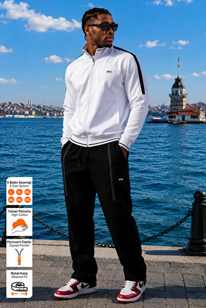 BESSA White Stand Collar Tracksuit Set with Stripe Detail, Straight Leg, Comf...