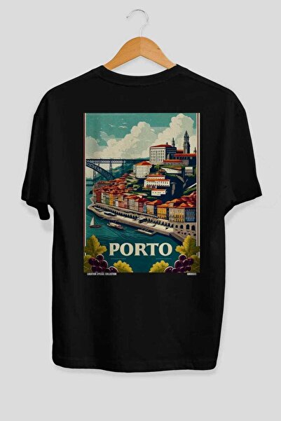 Ankhises Πόρτο Πορτογαλία Μαύρο Oversize Country City T-shirt με στάμπα στην ...