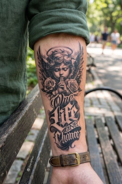 BP Tattoo Melek ve Gül Motifli "One Life One Chance" Yazılı Geçici Dövme
