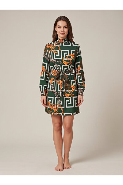 gökçesu Women's Geometric Patterned Chain Detailed Dress - Gipeli High Neck L...