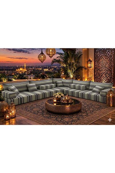 Xboat Arabic Majlis Floor Sofa, L-Shaped Sectional Seating, Striped Fabric, B...