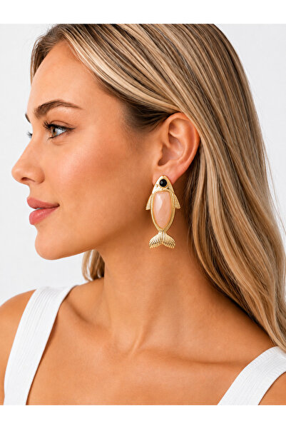 synshop Large Women's Earrings with Gold Color Fish Figure and Light Pink Sto...