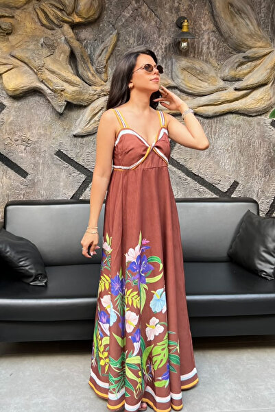 sunfyre Women's Brown Patterned Maxi Linen Dress Sun408