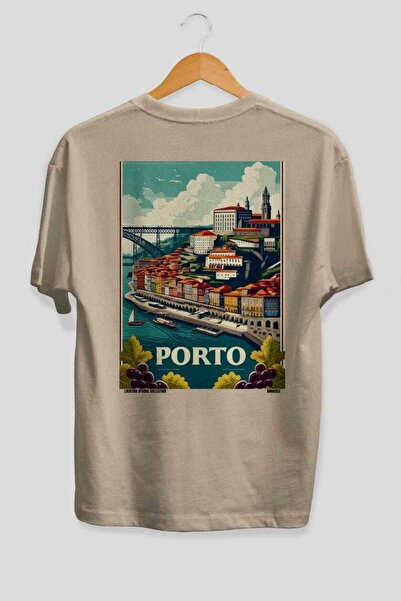 Ankhises Porto Portugal Beige Oversize Country City Back Printed Unisex T-Shi...