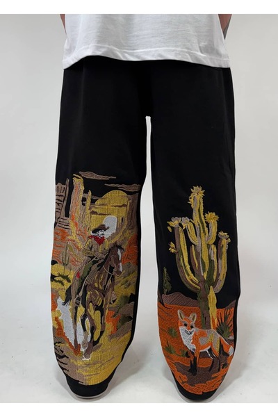 zaee Western Cowboy Embroidered Adjustable Leg Baggy Sweatpants