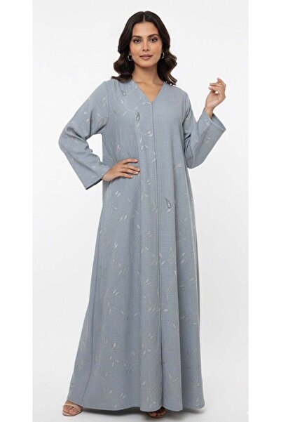 Azria Fashion Leaf Embroidered Abaya - Silver