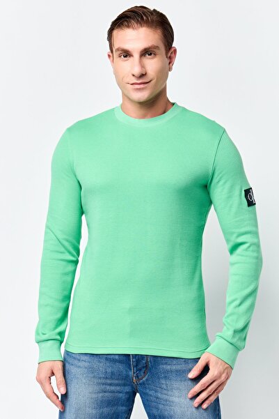 Calvin Klein Jeans Men Crew Neck Long Sleeve Embroidered Logo T-Shirt, Green