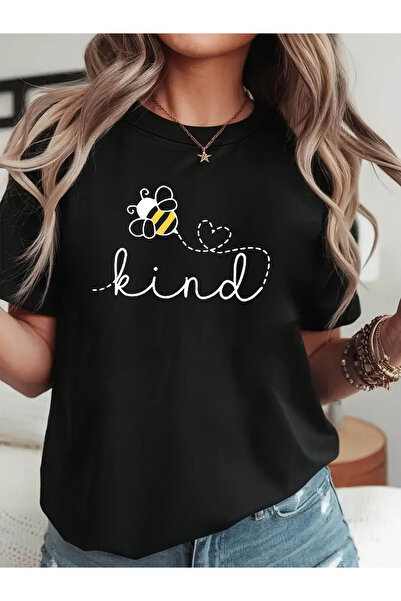LİNA06 تي شيرت نسائي برقبة دائرية وأكمام قصيرة مع طباعة 'Bee Kind'، مثالي للن...