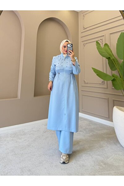 moda4b Women's 2-Piece Pearl Detailed Dabıl Fabric Hijab Set – Long Jacket an...