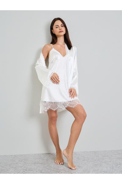 Take Two By Styli White Solid Satin Lace Slip And Robe Set
