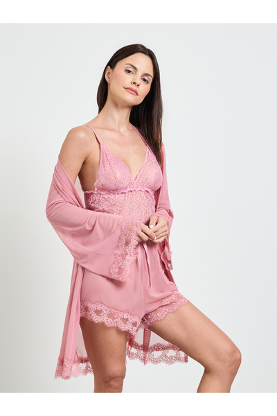 Take Two By Styli Pink Pack Of 3 - Lace Bralette, Shorts And Robe