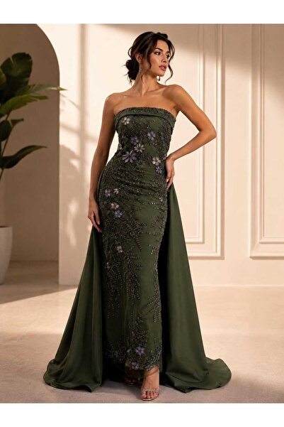 hawaa closet Luxurious Evening Dress in Olive Color,