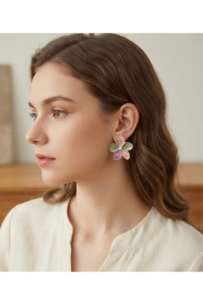 DAZLİNGACCESSORY Marbling Patterned Flower Earrings with Pearl Detail
