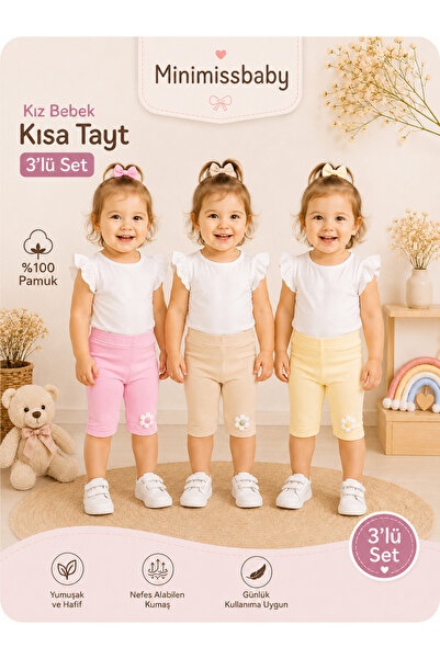 Minimissbaby Çiçek Detaylı Pastel Renk Kız Bebek Pamuklu Kısa Tayt 3’lü Set