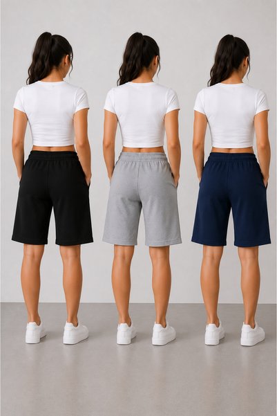 BRACCİX Women's Summer Sports Shorts Set of 3 Black Gray Navy Blue Comfortable Fit Anti-Sweat