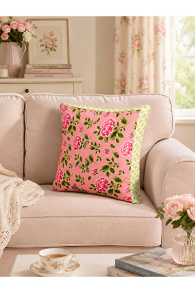 Homeilla Pink Rose Patterned Decorative Cushion Cover with Green Edges 40X40 cm