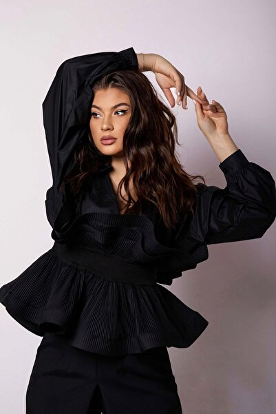 NYMPHA CLOTHING Camasa cu Volane Supradimensionate, Neagra, Jolie