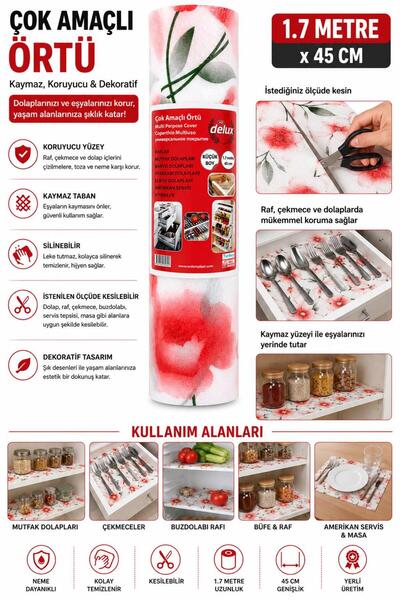Delux Kaymaz Raf Örtüsü 45x170 cm Çok Amaçlı Dolap İçi Çekmece Örtüsü
