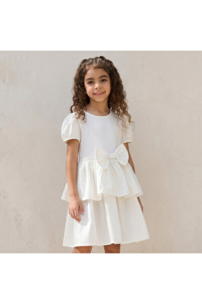 Juniors Round Neck Short Sleeve Dress with Bow Accent