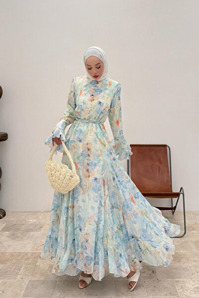 fushya design Pastel Çiçek Desenli Volan Kollu Kemerli Elbise