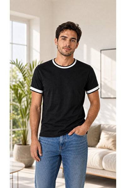 caddekombin Men's Round Neck T-Shirt with Collar and Sleeve Stripe Detail / T...