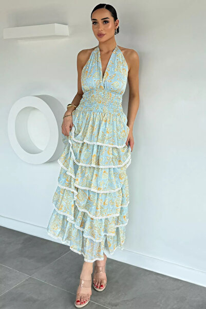 Aryena Blue Women's Halter Neck Ruffle Patterned Chiffon Dress