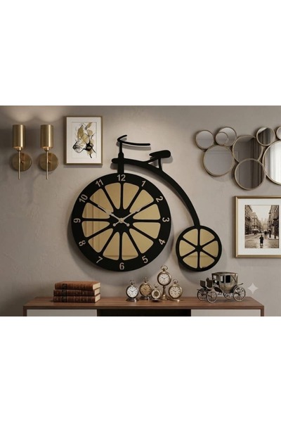 Drc Retro Bike Siyah Gold Ayna Pleksi Dekortif Duvar Saati