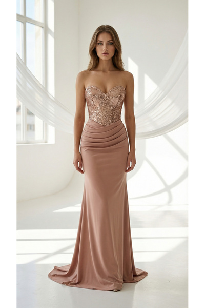 holie dress STRAPLEZ PUL PAYETLİ SATEN UZUN ABİYE ELBİSE BALIK KESİM NİŞAN DA...