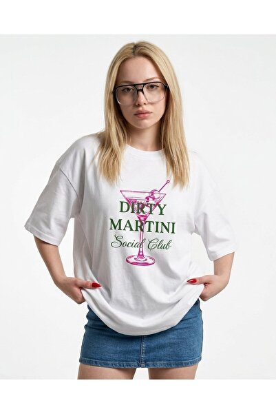 TrendAllStore White Color Dirty Martini Printed Oversize Summer Basic T-Shirt