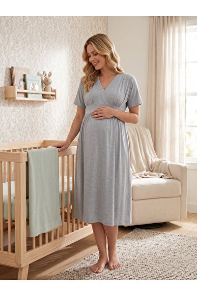 Lohussa New Season Gray Short Sleeve Nursing-Friendly Design Summer 100% Cott...