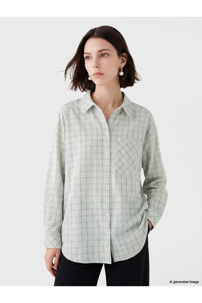 LC Waikiki Green Plaid Linen Blend Women's Shirt Tunic
