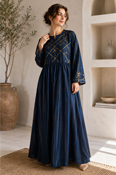Libas lab - Navy Blue Cotton Maxi Dress with Gold Foil Embellishment