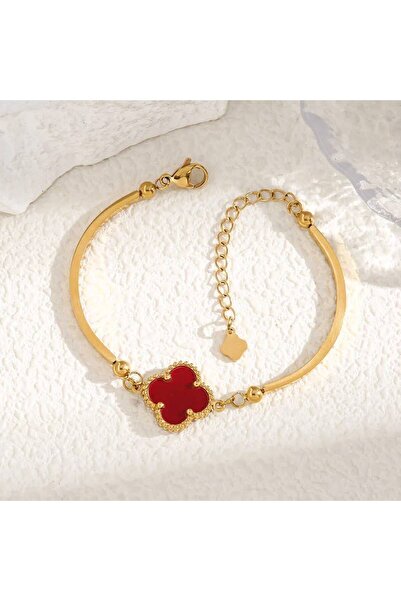 Haziran Accessory, Gold Extension Ring Steel Women's Bracelet with Clover, He...