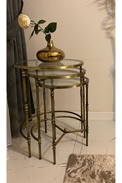 luxdure Eskitme Gold Metal Şeffaf Camlı 3'lü Kare Zigon Sehpa Takımı