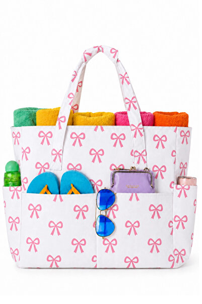 woys 🌞   Premium Large Size Pink Bow Patterned Women's Beach Bag |   Waterpr...
