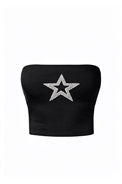 Violon Crop negru fără bretele cu imprimeu Silver Star Stone