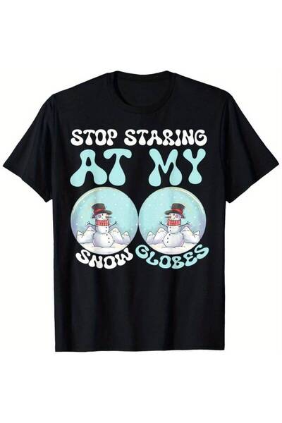 45 BPM تي شيرت Stop Staring at My Snowballs أسود بأكمام قصيرة مع تصميم رجل ال...