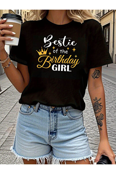 01THEONE تي شيرت نسائي بأكمام قصيرة وياقة دائرية مطبوع عليه Bestie of The Bir...