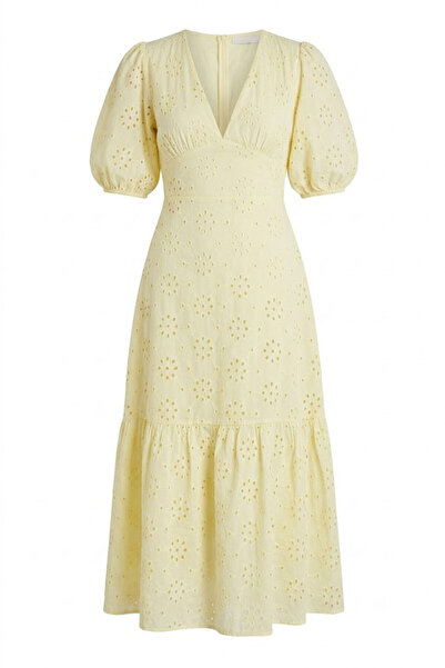 Ruby Brode V-Neck Floral Embroidered Dress Yellow