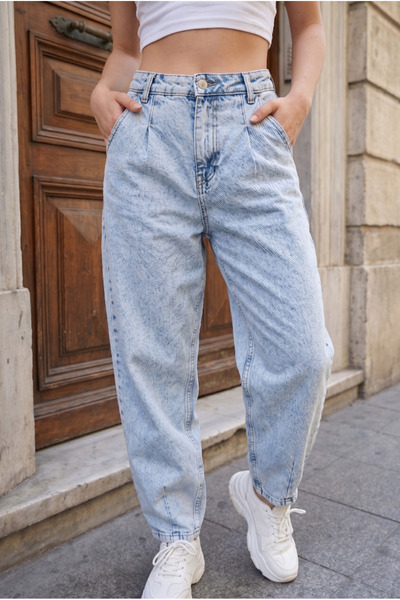 Genel Markalar Buz Mavi - Pens Detaylı Baggy Kot Pantolon