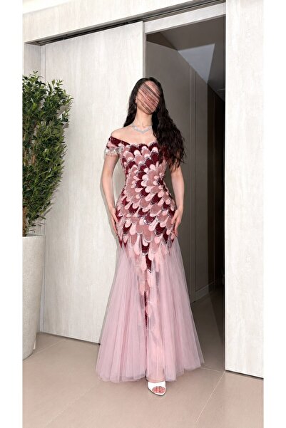 Jood Luxury Embroidery Petal Design Mermaid Maxi Evening Dress