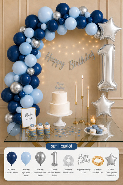 Baloncu Nene 1 Year Old Birthday Decoration Set with Navy Blue, Light Blue, S...