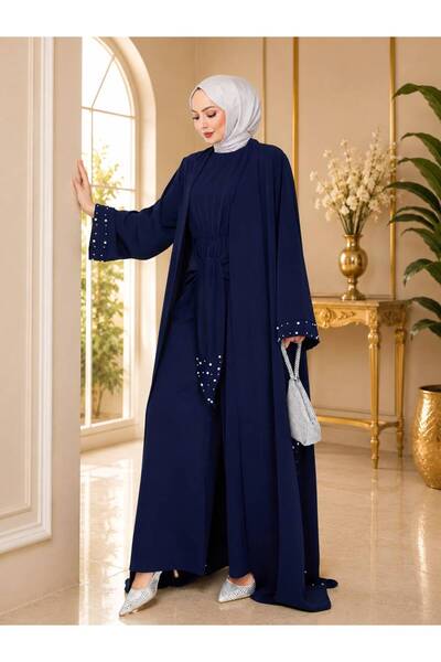 EFSUN MODA طقم عباية نسائية من قطعتين من فايا مزين باللؤلؤ