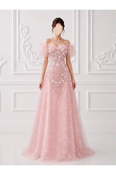 ranin Light Pink Evening Dress with Gipon Embroidery and Lace Kloş