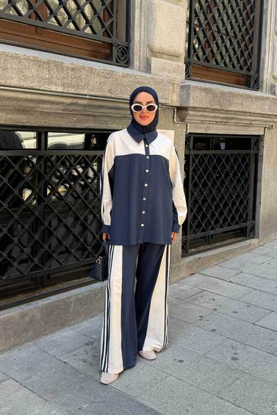 LOCCO Women's Snap Detail Double Color Thick Striped Suit Navy Blue